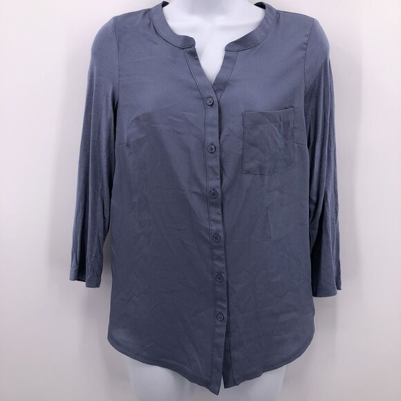 The Limited Tops - The Limited Sz S Blue Blouse Button Front 3/4 Sleeve Silky Mixed Media Shirt Top
